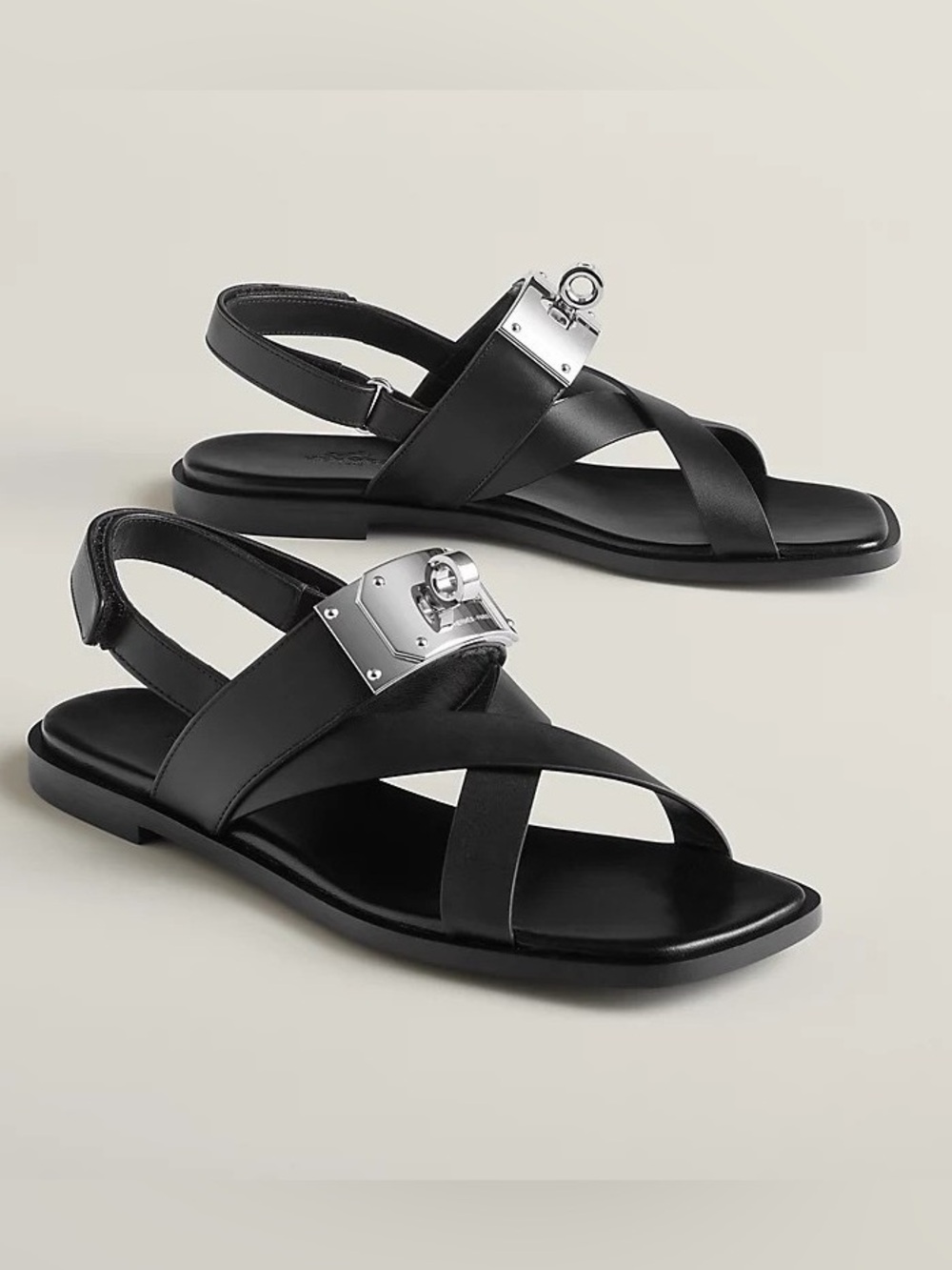 NIB Hermes Ines Sandal Kelly Lock Black Silver Open Toe H Oran